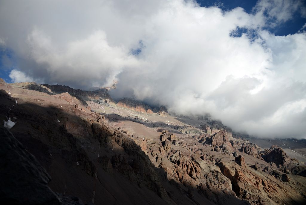 05 Clouds Cover The Top Of Aconcagua West Face late Afternoon From Plaza de Mulas Base Camp 4360m